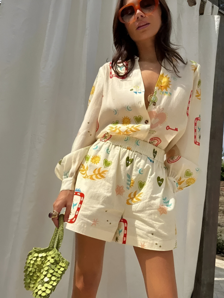 Damen Lounge Wear Set Zweiteilig mit Bluse & Shorts | Clea