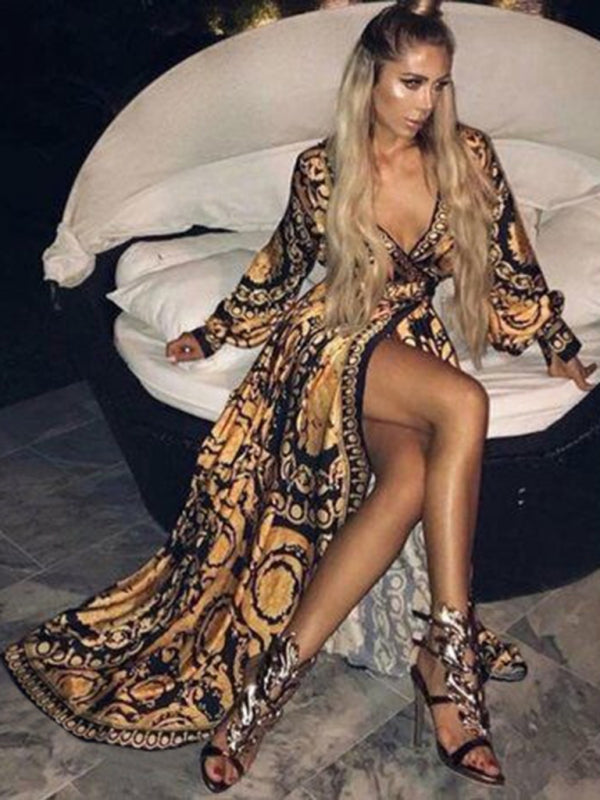 Damen Boho Maxikleid mit Goldprint und hohem Schlitz | Valerina