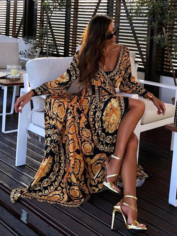Damen Boho Maxikleid mit Goldprint und hohem Schlitz | Valerina