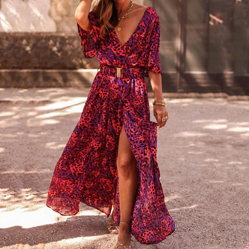 Damen Maxi Wickelkleid mit Schlitz und V-Ausschnitt | Elanira