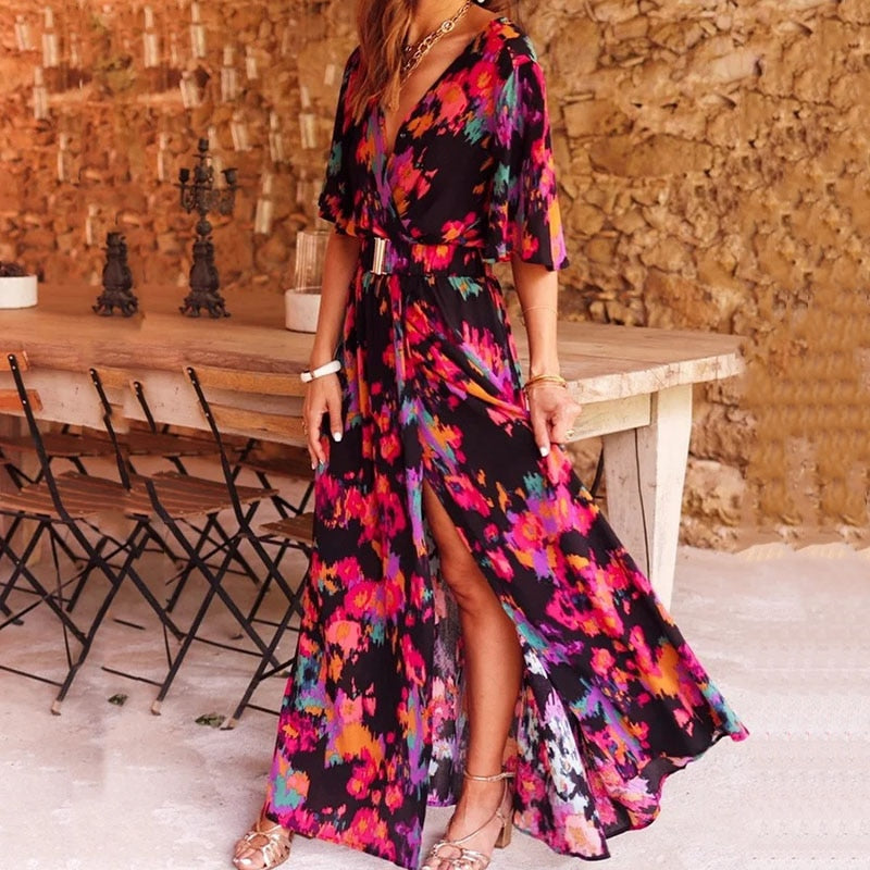 Damen Maxi Wickelkleid mit Schlitz und V-Ausschnitt | Elanira