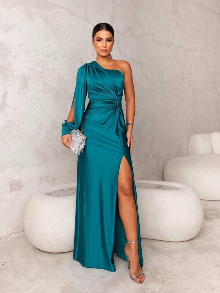 Damen Maxikleid mit einem Ärmel und Knotenbund | Solena