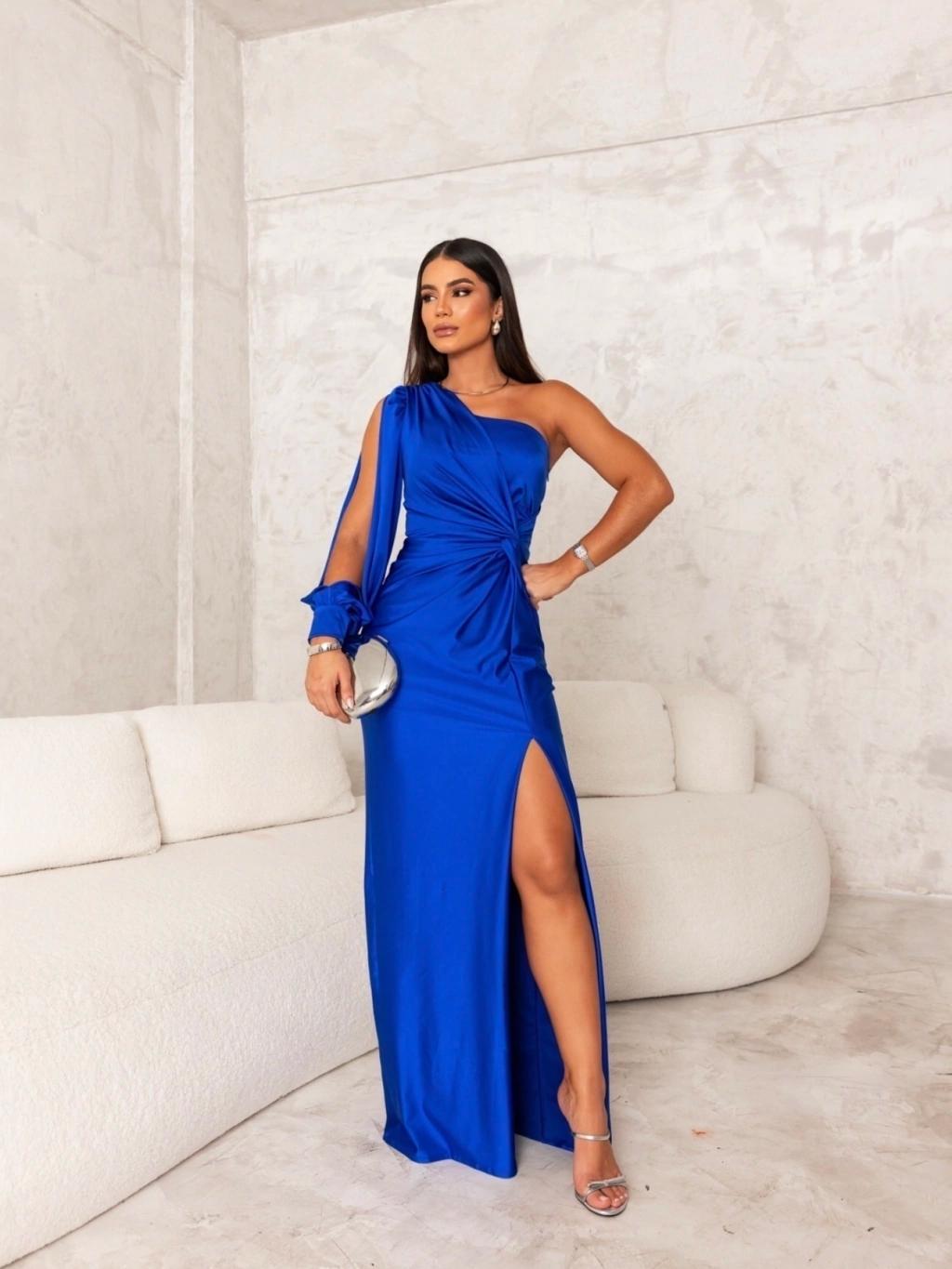 Damen Maxikleid mit einem Ärmel und Knotenbund | Solena