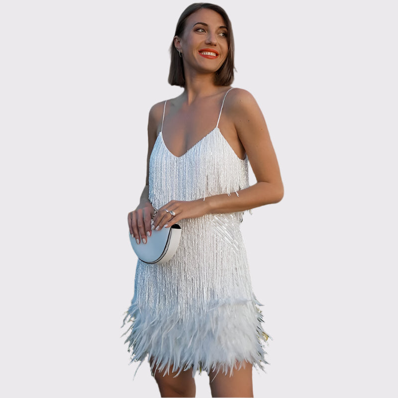 Damen Mini Kleid mit Fransen und Federn | Zirella