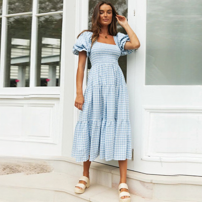 Damen Gingham Midi Kleid mit Smocked Oberteil | Elinor