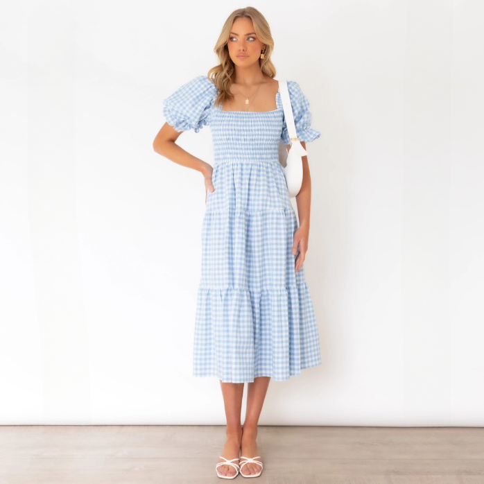 Damen Gingham Midi Kleid mit Smocked Oberteil | Elinor