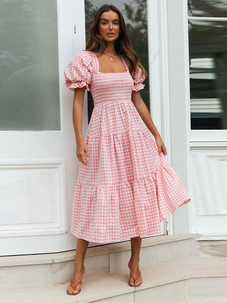 Damen Gingham Midi Kleid mit Smocked Oberteil | Elinor