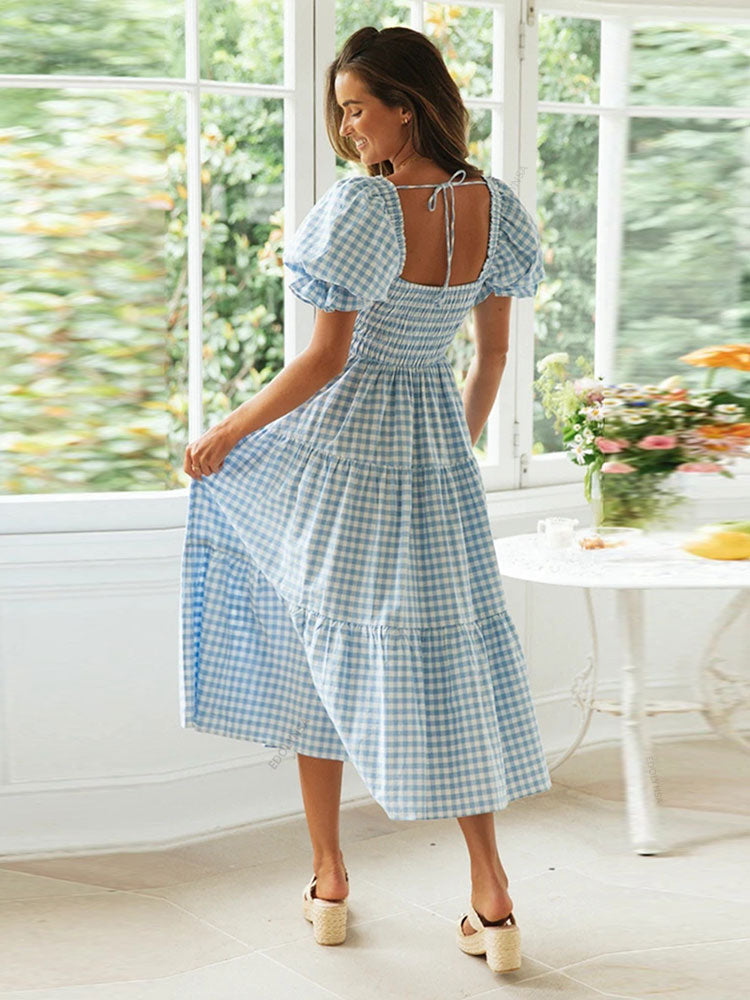 Damen Gingham Midi Kleid mit Smocked Oberteil | Elinor