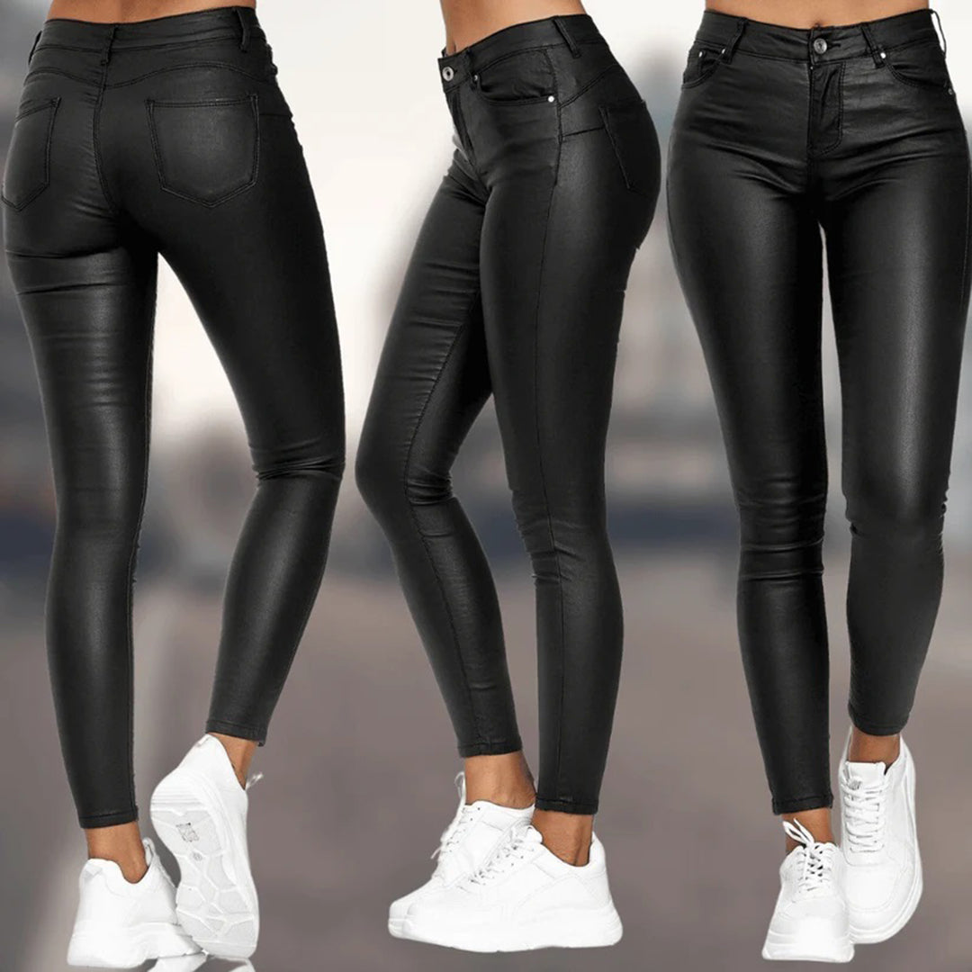 Damen PU-Lederhose mit hohem Bund und Taschen | Bathilde