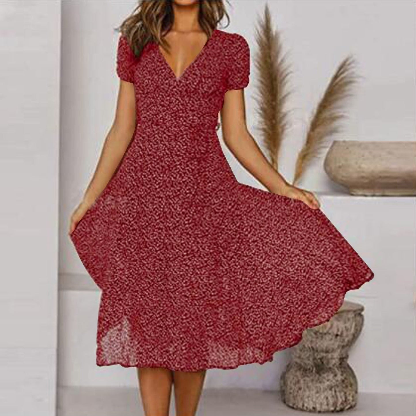Damen Kurzärmliges V-Ausschnitt Blumenkleid | Marietta
