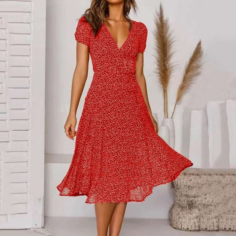 Damen Kurzärmliges V-Ausschnitt Blumenkleid | Marietta