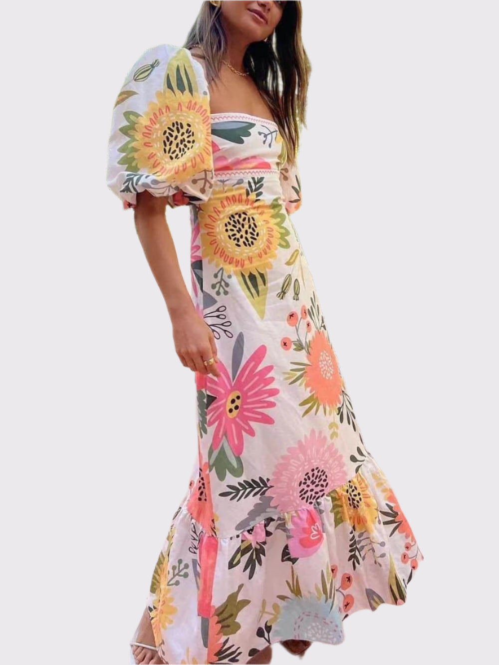 Damen Sommerkleid Blumenmuster mit Bubble-Ärmeln | Aira