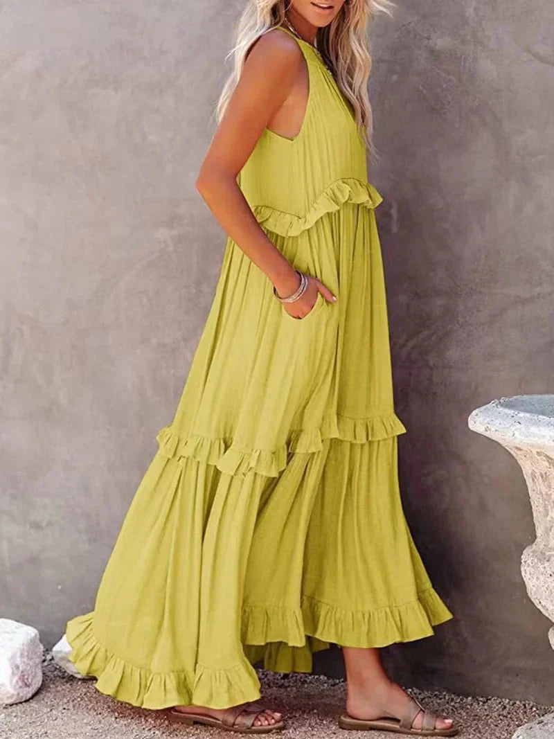 Damen Maxikleid mit Rüschenshirt und Taschen | Tarella