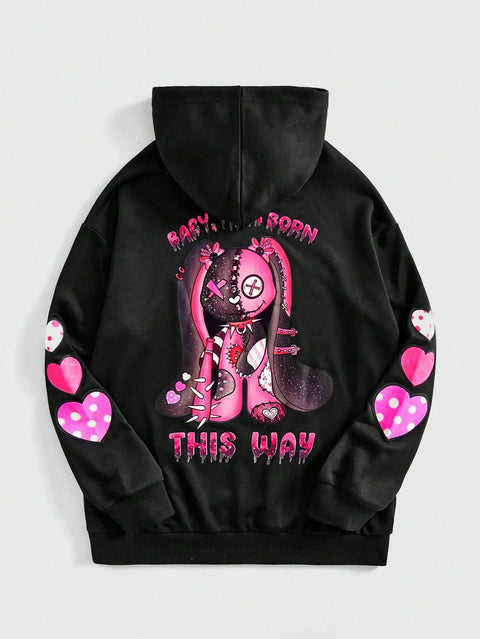 This Way Hoodie – Schwarzer Unisex Kapuzenpullover mit Rosa Cartoon-Print