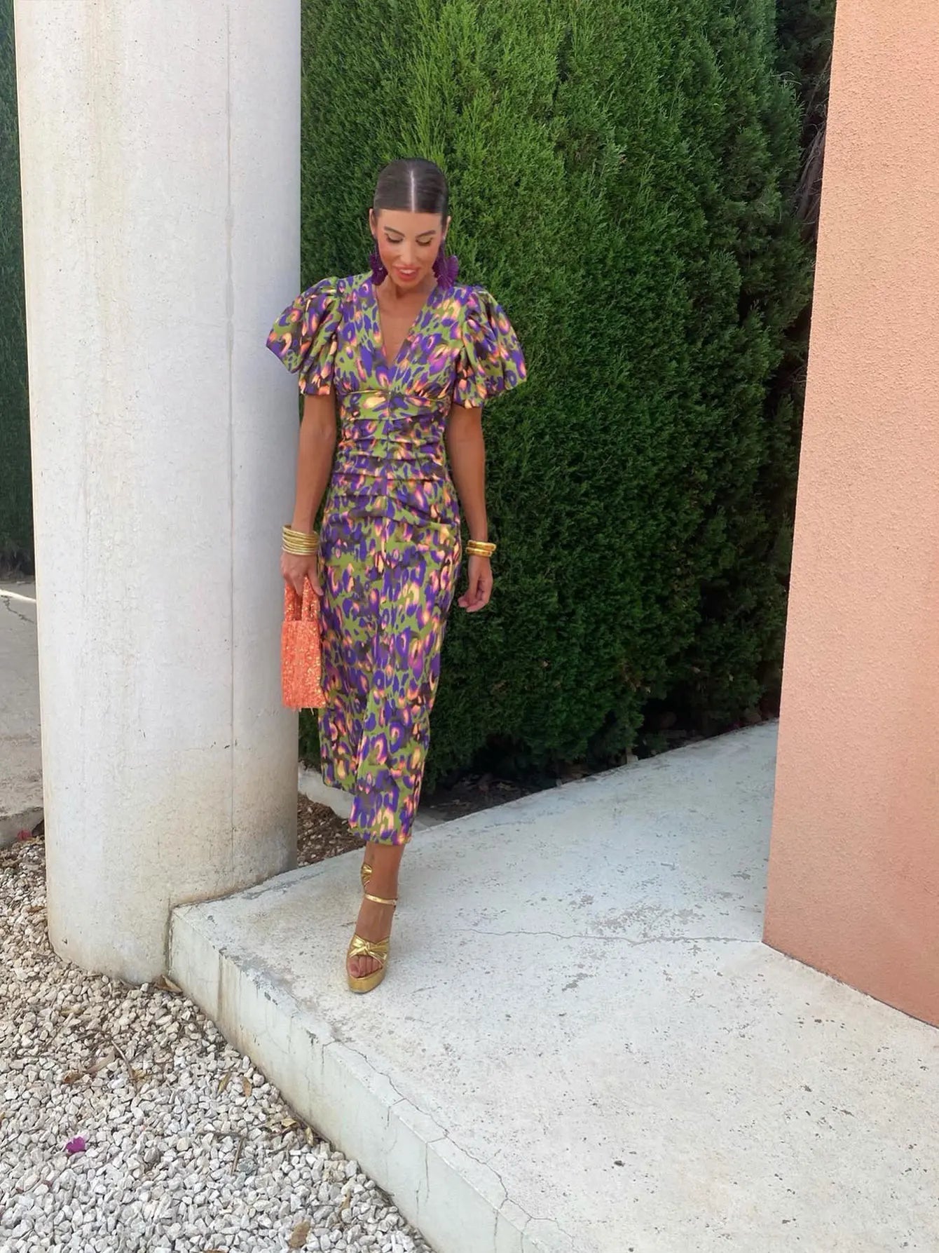 Elegantes Fiesta Kleid mit Puffärmeln & Raffung | Calista