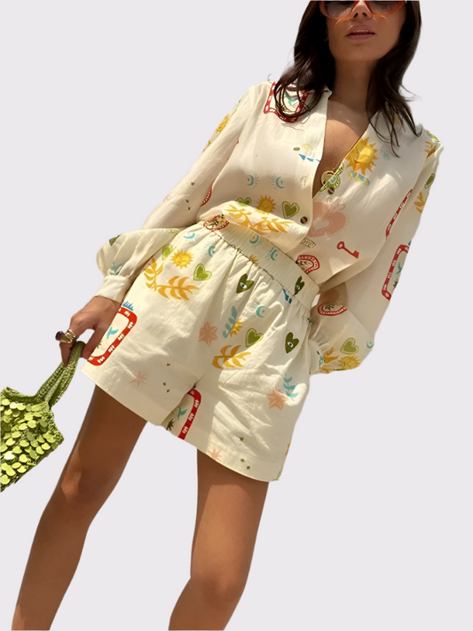 Damen Lounge Wear Set Zweiteilig mit Bluse & Shorts | Clea