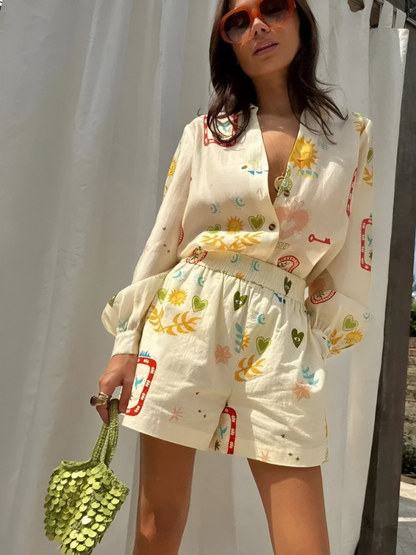Damen Lounge Wear Set Zweiteilig mit Bluse & Shorts | Clea