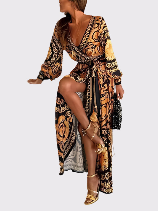 Damen Boho Maxikleid mit Goldprint und hohem Schlitz | Valerina