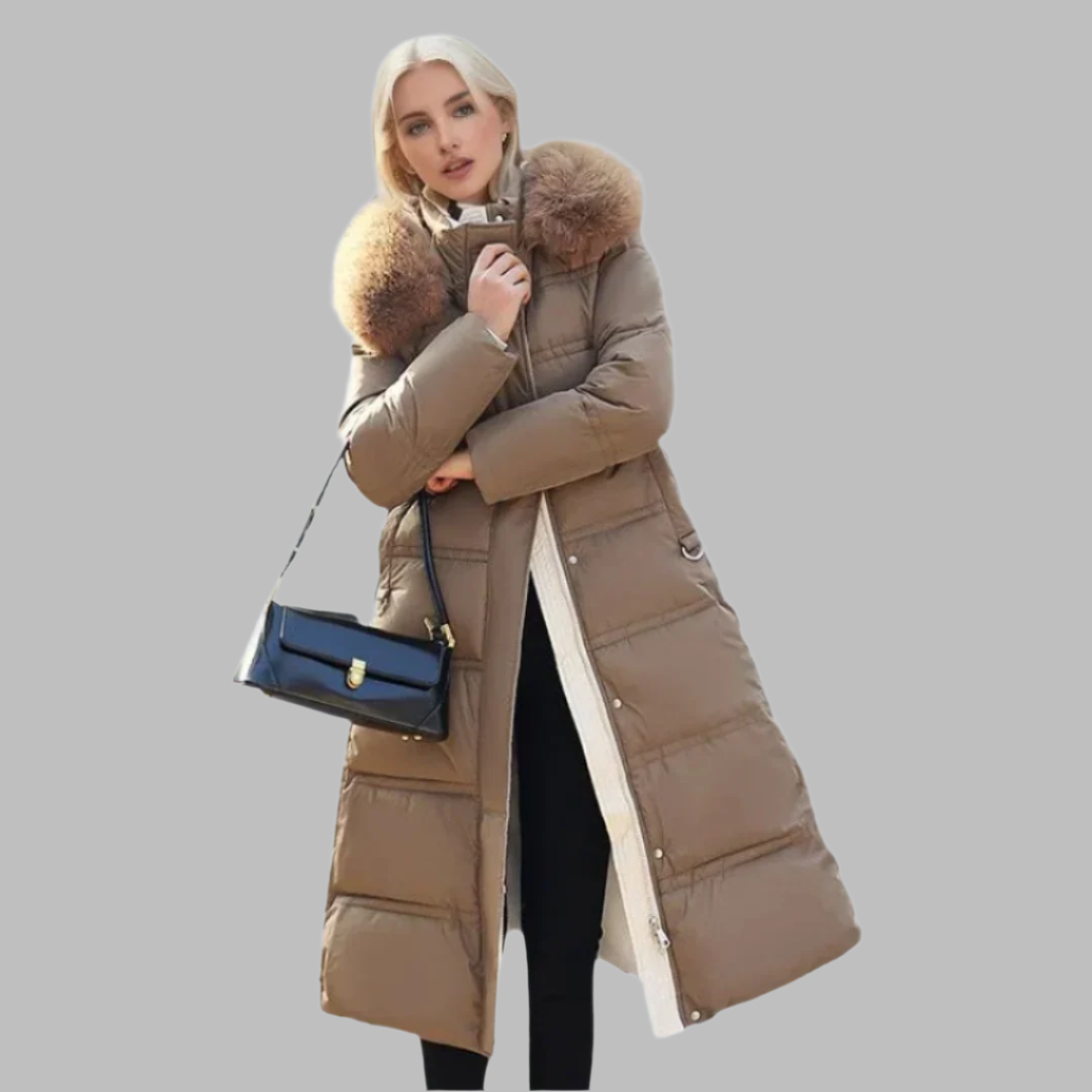Langer Puffer-Mantel mit Kunstfellkragen für Damen | Selina