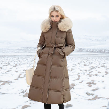 Langer Puffer-Mantel mit Kunstfellkragen für Damen | Selina