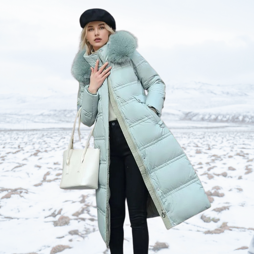 Langer Puffer-Mantel mit Kunstfellkragen für Damen | Selina