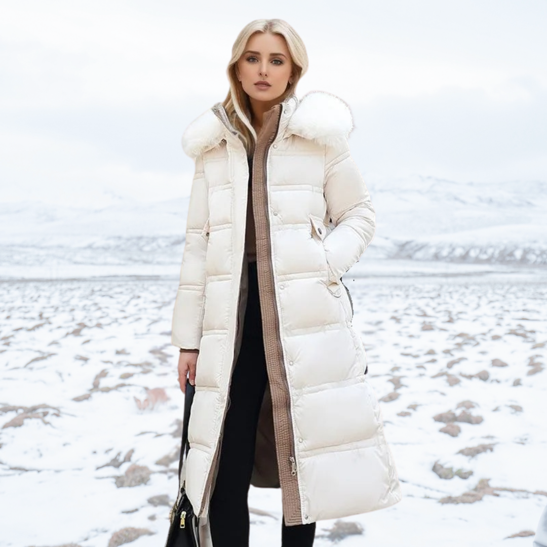 Langer Puffer-Mantel mit Kunstfellkragen für Damen | Selina