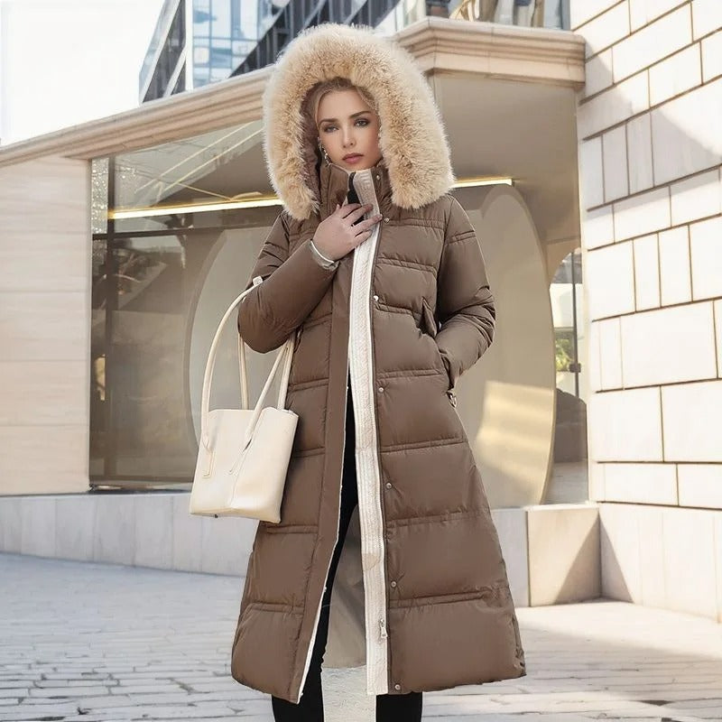 Langer Puffer-Mantel mit Kunstfellkragen für Damen | Selina