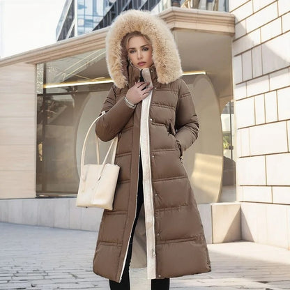 Langer Puffer-Mantel mit Kunstfellkragen für Damen | Selina