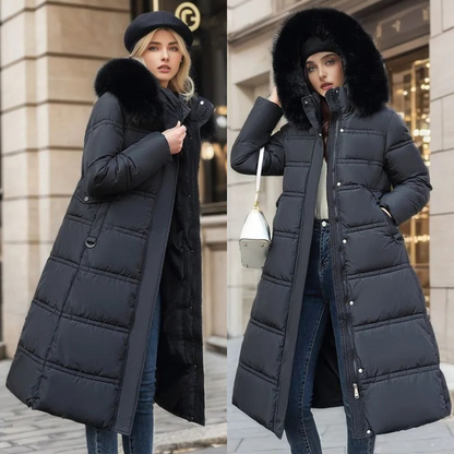 Langer Puffer-Mantel mit Kunstfellkragen für Damen | Selina