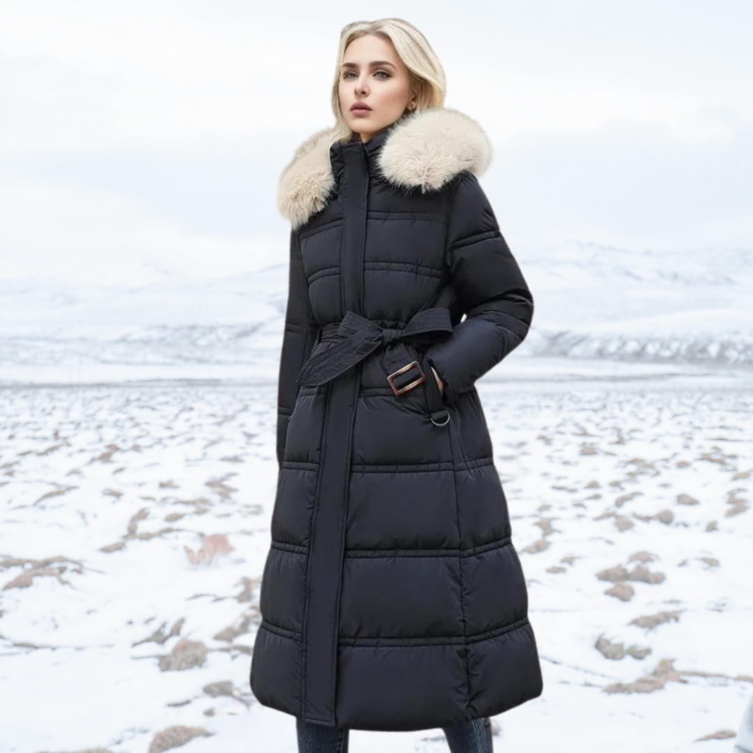 Langer Puffer-Mantel mit Kunstfellkragen für Damen | Selina