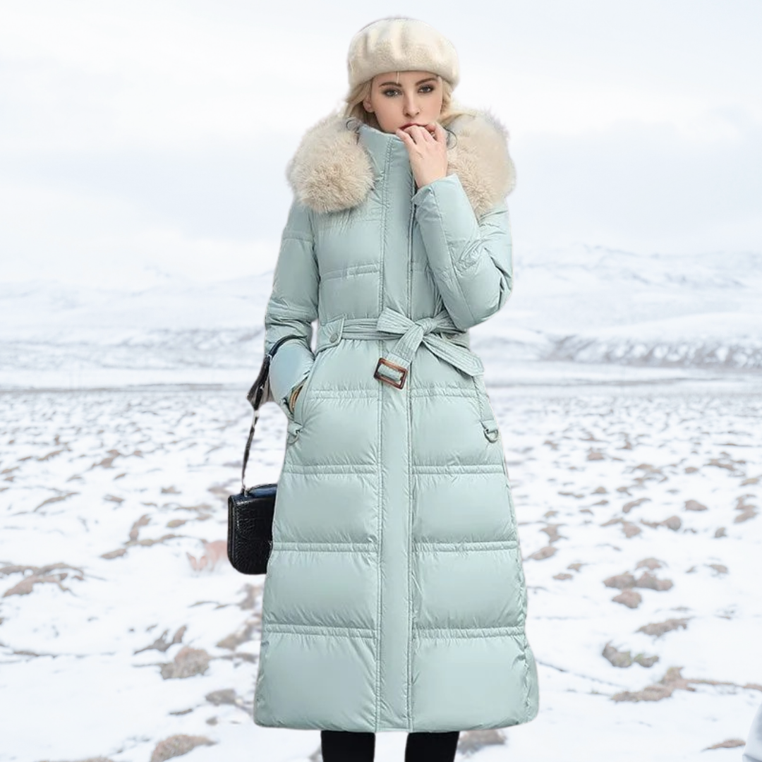 Langer Puffer-Mantel mit Kunstfellkragen für Damen | Selina