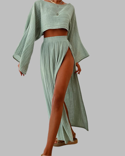 Damen Zweiteiliges Set aus Baumwoll-Leinen – Top &amp; Rock | Elania
