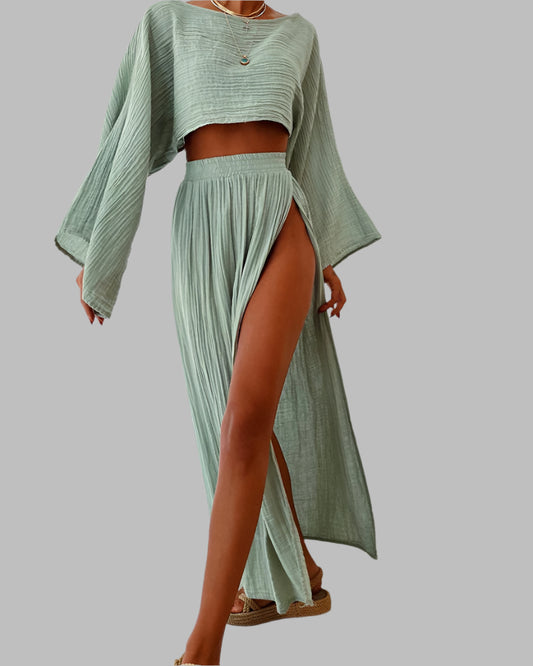 Damen Zweiteiliges Set aus Baumwoll-Leinen – Top &amp; Rock | Elania
