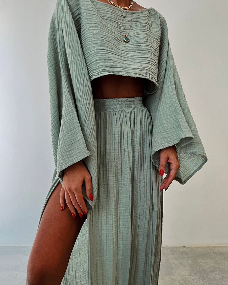 Damen Zweiteiliges Set aus Baumwoll-Leinen – Top &amp; Rock | Elania