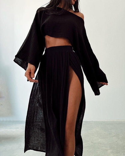 Damen Zweiteiliges Set aus Baumwoll-Leinen – Top &amp; Rock | Elania