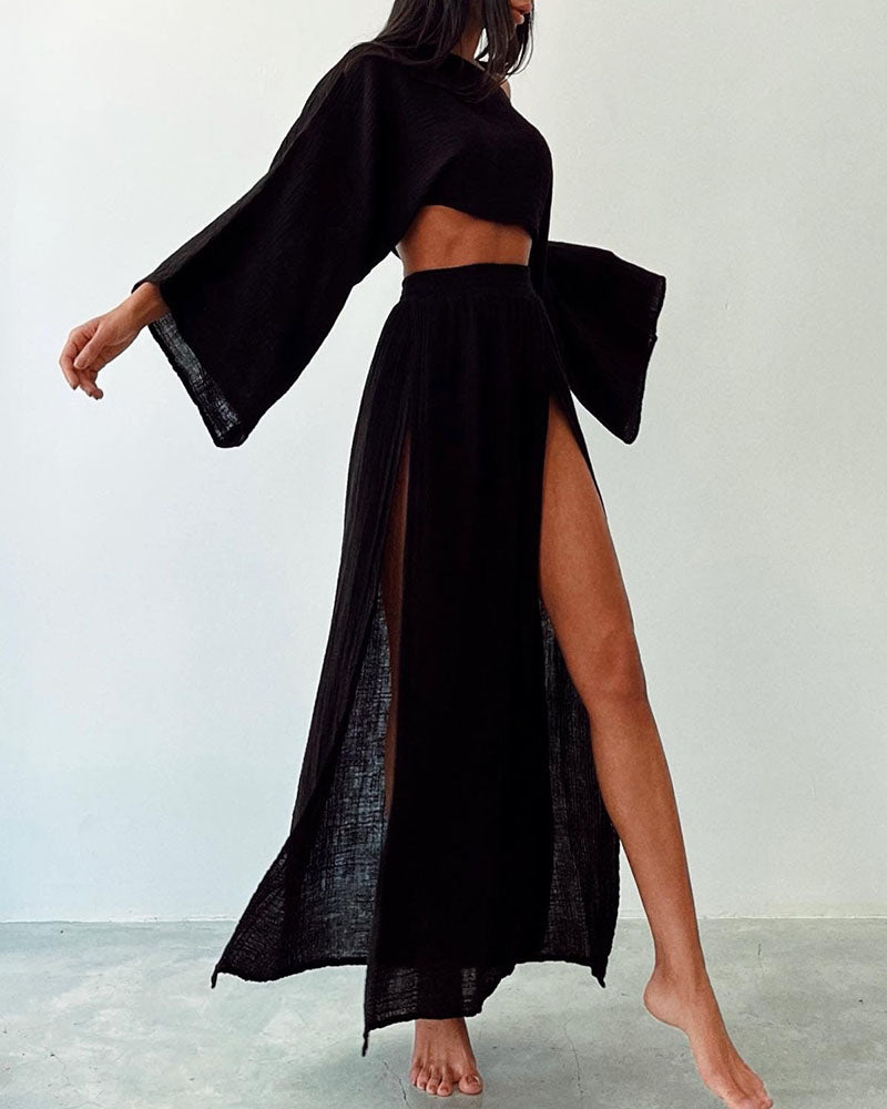 Damen Zweiteiliges Set aus Baumwoll-Leinen – Top &amp; Rock | Elania