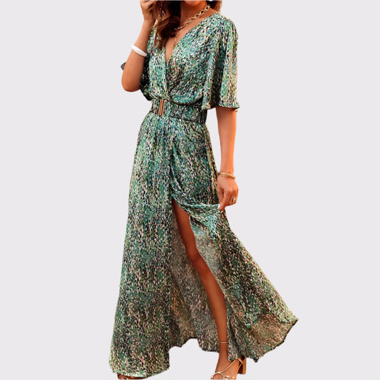 Damen Maxi Wickelkleid mit Schlitz und V-Ausschnitt | Elanira