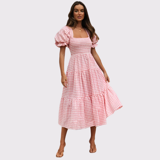 Damen Gingham Midi Kleid mit Smocked Oberteil | Elinor