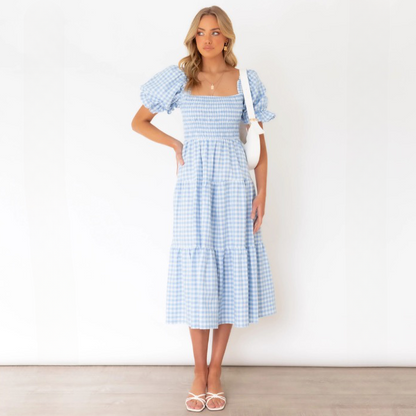 Damen Gingham Midi Kleid mit Smocked Oberteil | Elinor
