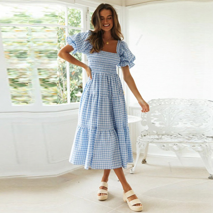 Damen Gingham Midi Kleid mit Smocked Oberteil | Elinor