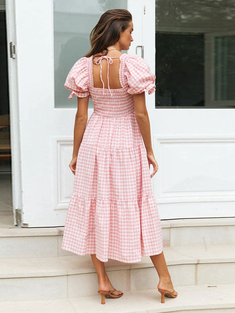 Damen Gingham Midi Kleid mit Smocked Oberteil | Elinor