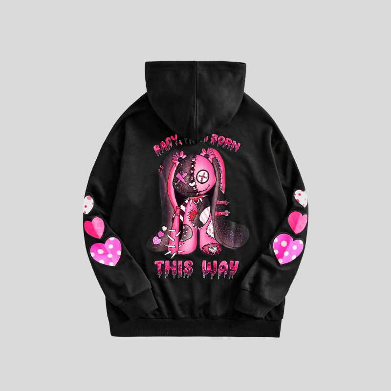 This Way Hoodie – Schwarzer Unisex Kapuzenpullover mit Rosa Cartoon-Print