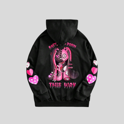This Way Hoodie – Schwarzer Unisex Kapuzenpullover mit Rosa Cartoon-Print