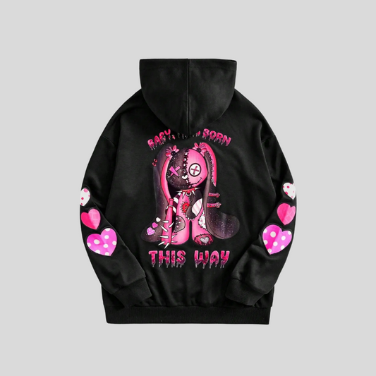 This Way Hoodie – Schwarzer Unisex Kapuzenpullover mit Rosa Cartoon-Print