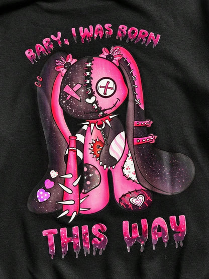 This Way Hoodie – Schwarzer Unisex Kapuzenpullover mit Rosa Cartoon-Print