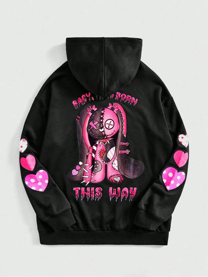 This Way Hoodie – Schwarzer Unisex Kapuzenpullover mit Rosa Cartoon-Print
