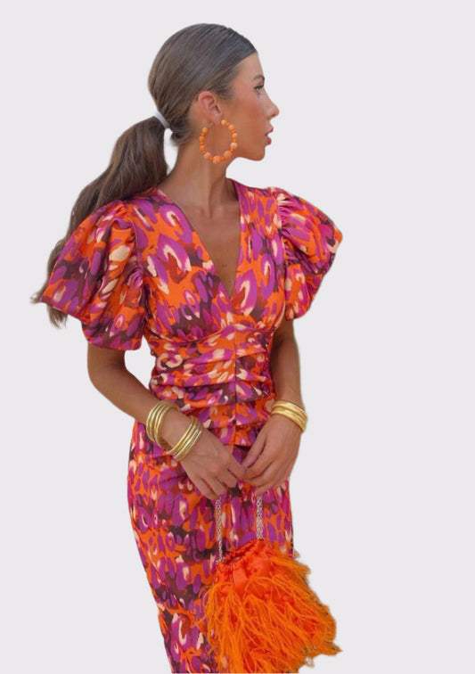 Elegantes Fiesta Kleid mit Puffärmeln & Raffung | Calista